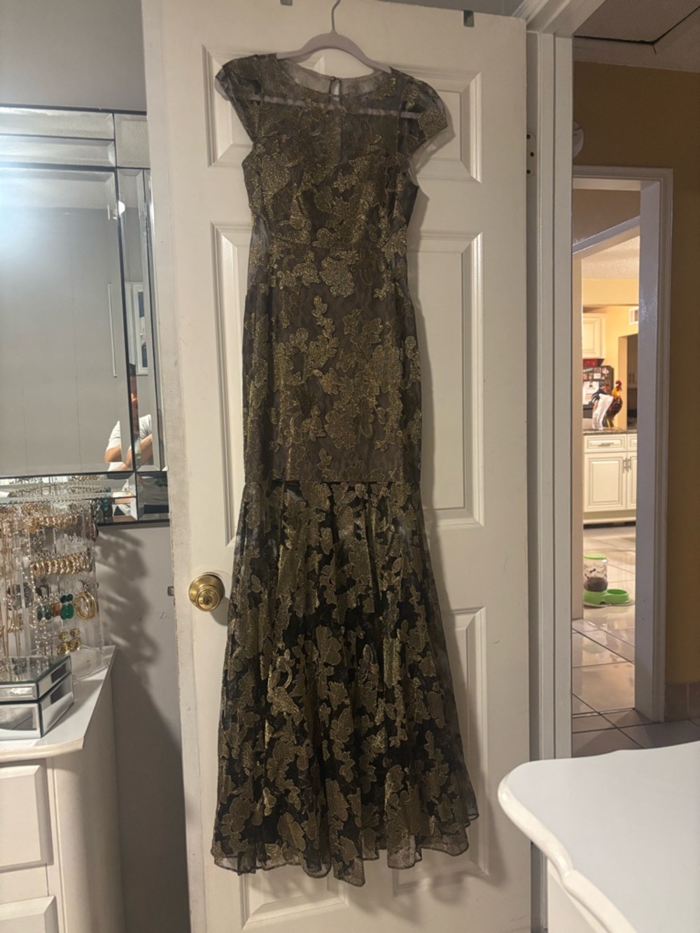 Black and Gold Floral Lace Evening Gown